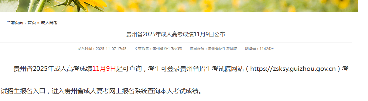 速看!贵州省2025年成人高考成绩11月9日起可查询